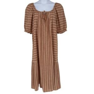 Wonderly XL Boho Prairie Midi Dress Brown Striped Linen Peasant Puff‎ Sleeve